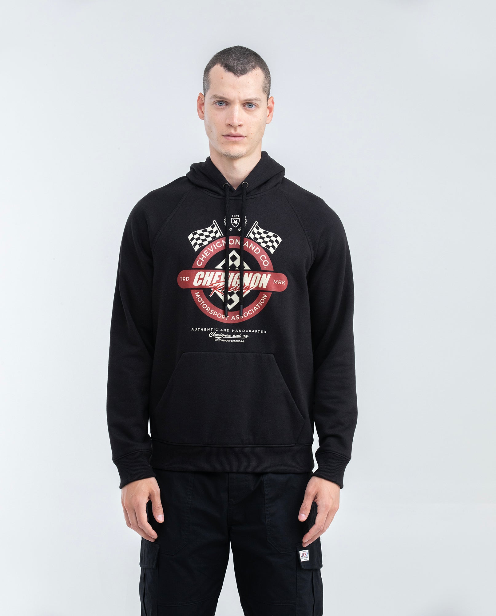 Men's Hoodie, Closed with Hood - Chevignon Racing Graphic - Black - 1