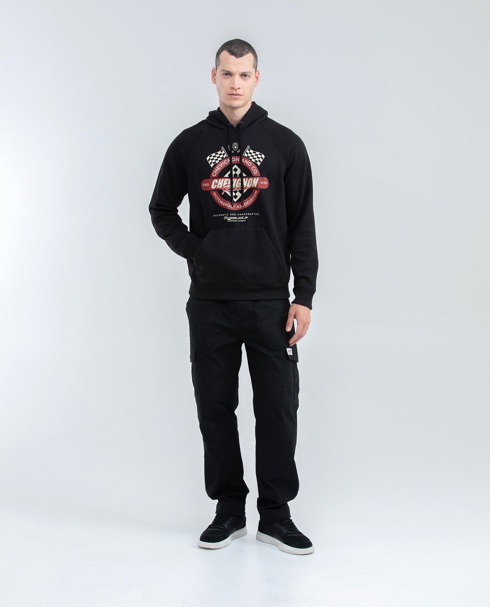 Men's Hoodie, Closed with Hood - Chevignon Racing Graphic - Black - 2
