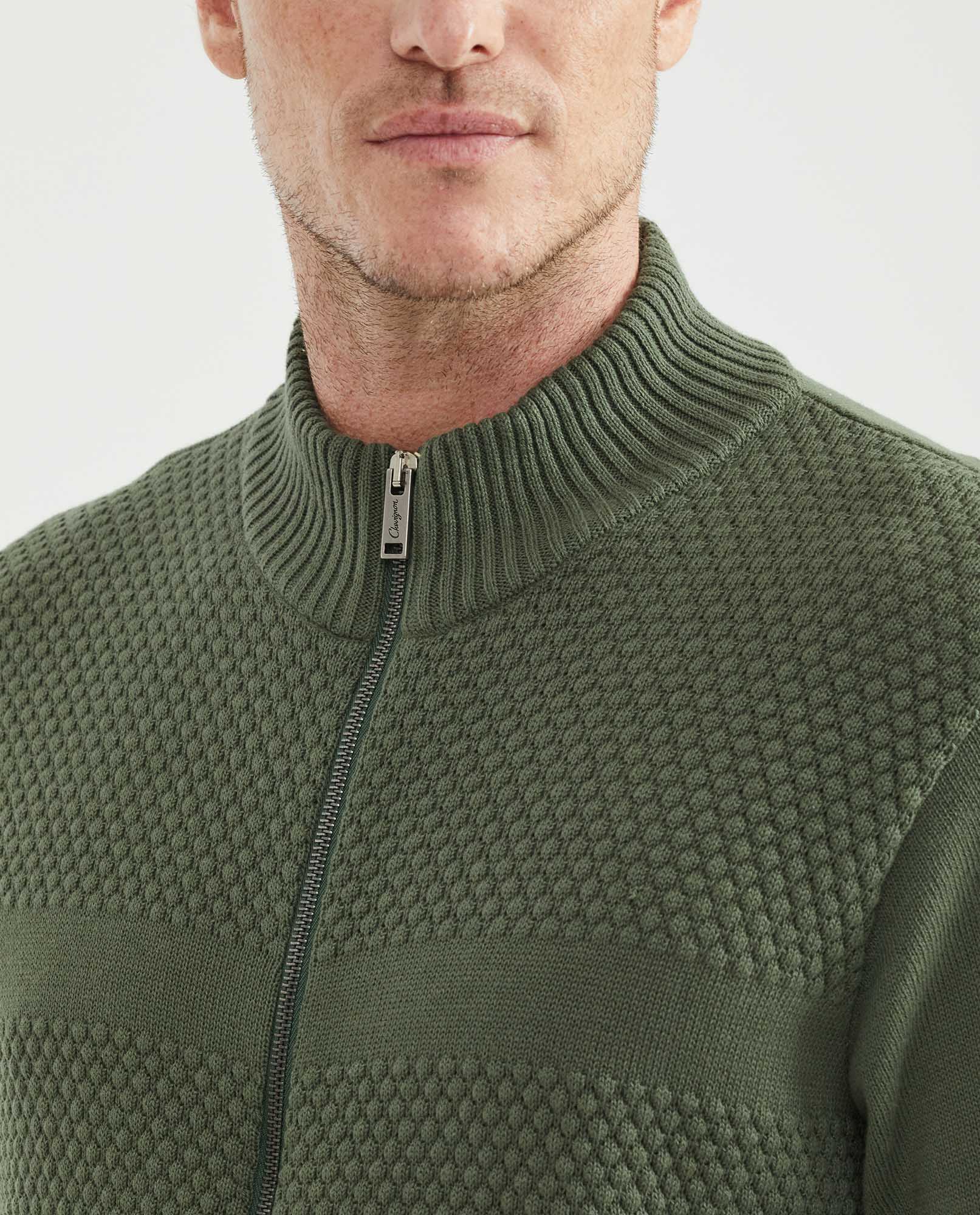 Men's Knitted Jacket, Nehru Collar - Welt Pockets - Green 691F002 - 2