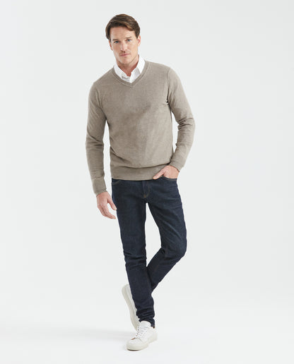 Men's Knit Sweater, Closed V - Neck - Heather Fibers - Gray - 1