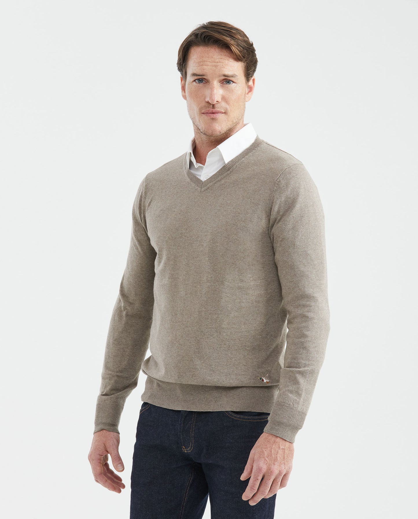 Men's Knit Sweater, Closed V - Neck - Heather Fibers - Gray - 2