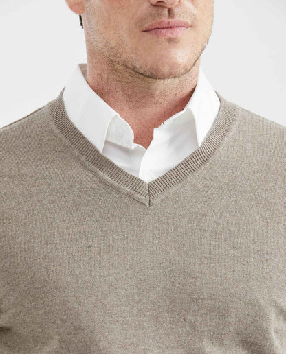 Men's Knit Sweater, Closed V - Neck - Heather Fibers - Gray - 3