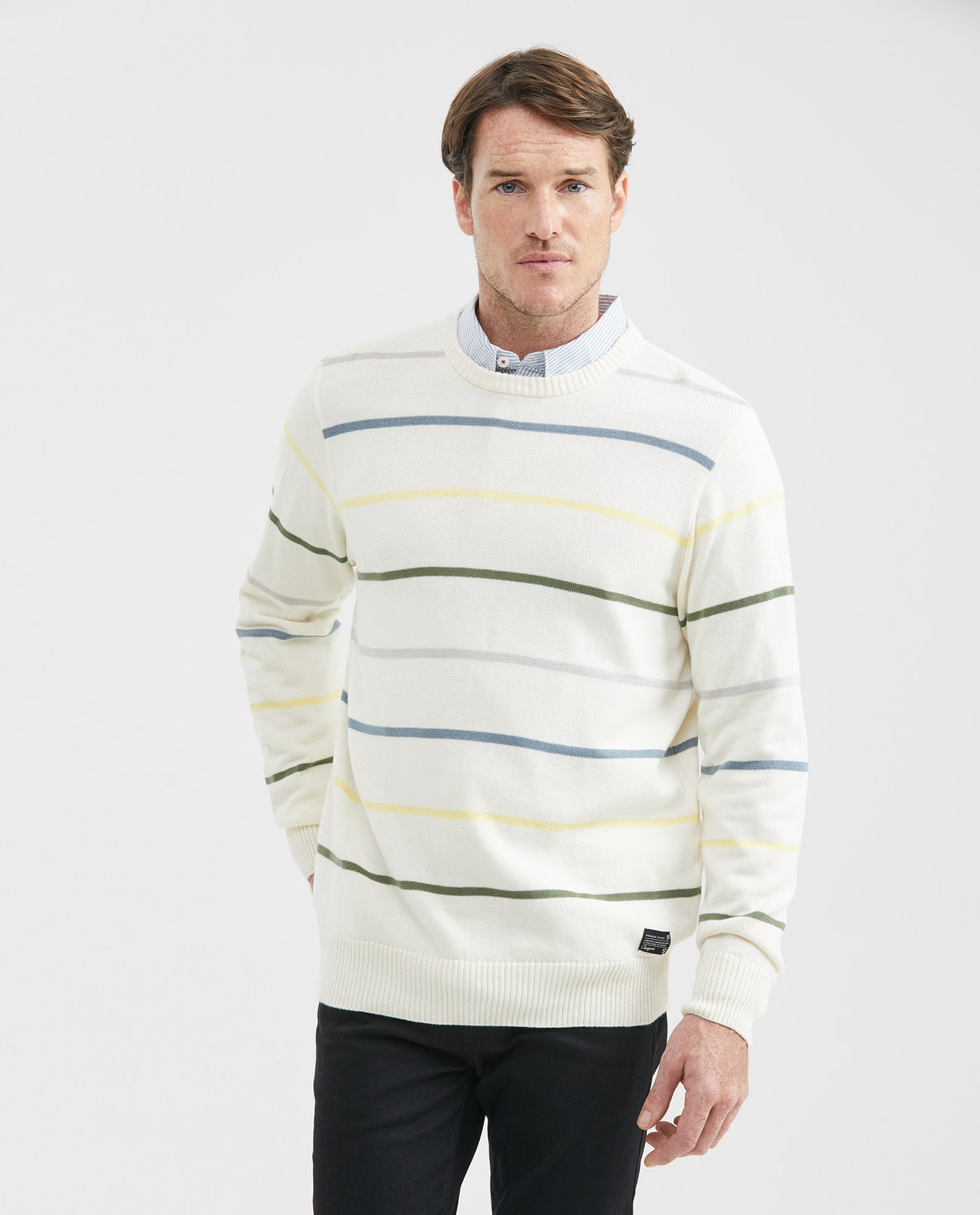 Men's Crew Neck Striped Sweater Jersey Knit 100% Cotton - 2