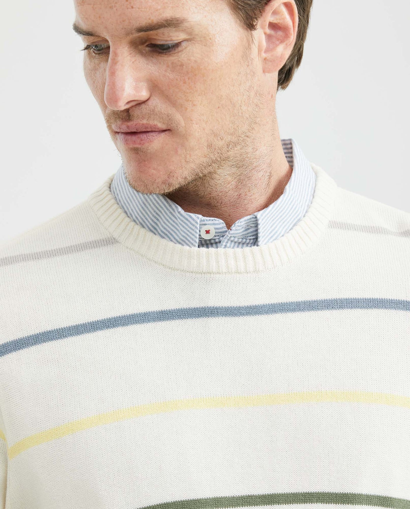 Men's Crew Neck Striped Sweater Jersey Knit 100% Cotton - 3