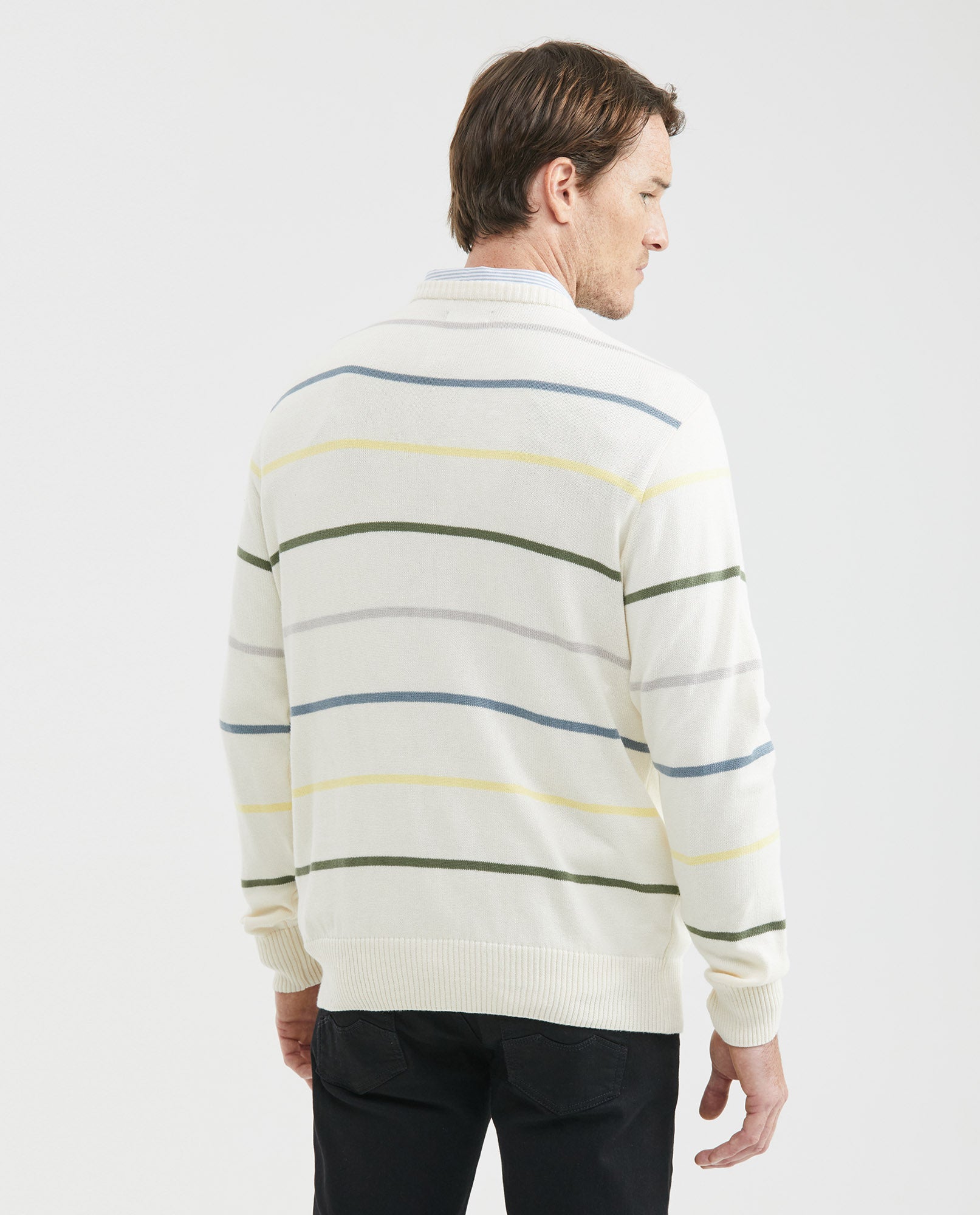 Men's Crew Neck Striped Sweater Jersey Knit 100% Cotton - 5