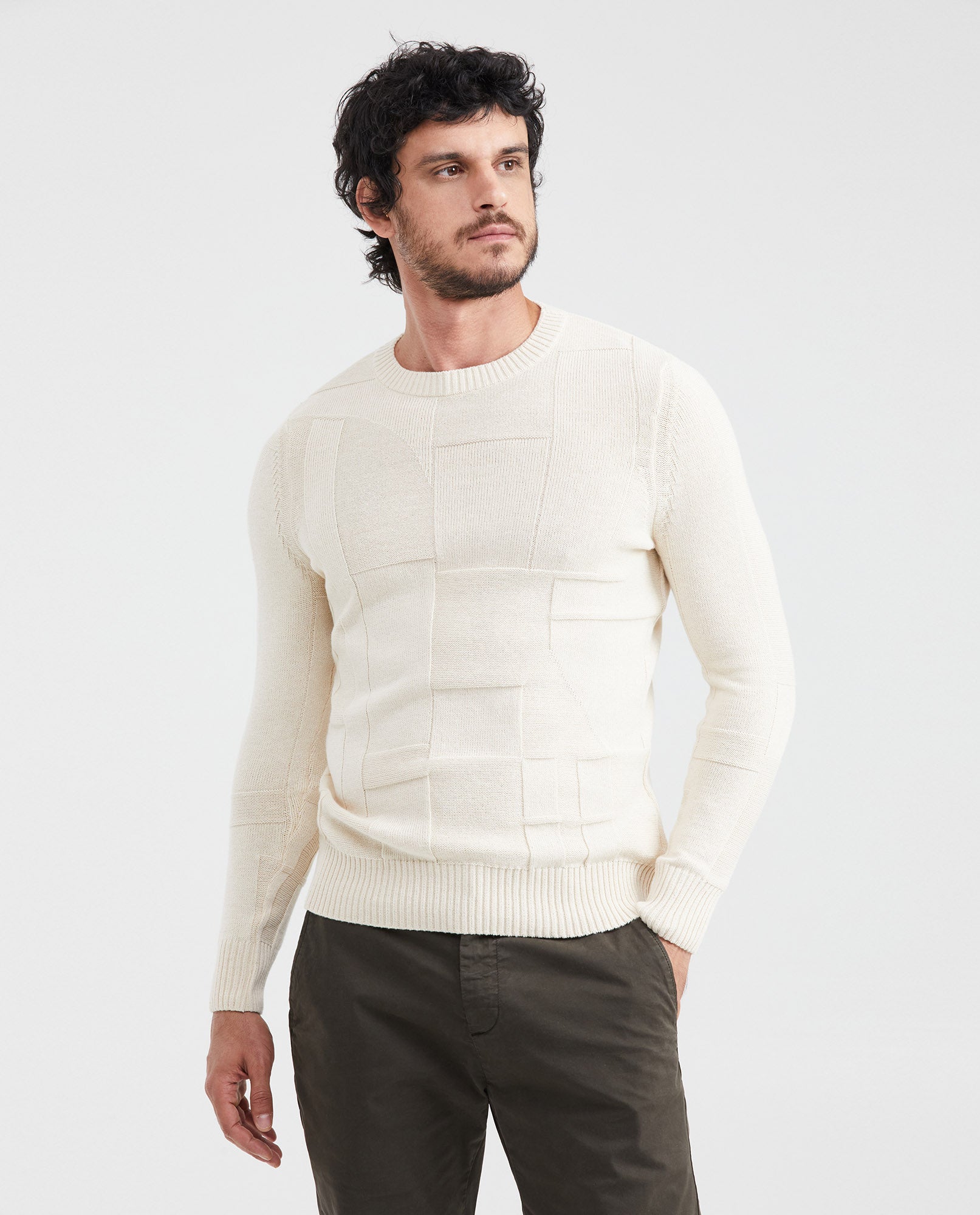 Men's Round Neck Sweater Irregular Blocks Jersey Knit in Recycled Cotton Blend - 1