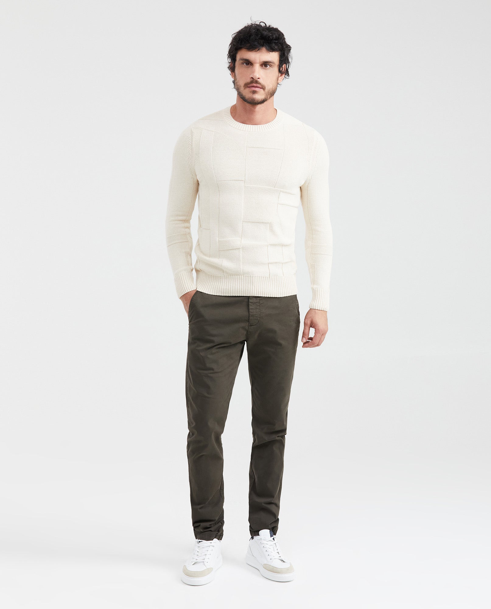 Men's Round Neck Sweater Irregular Blocks Jersey Knit in Recycled Cotton Blend - 5