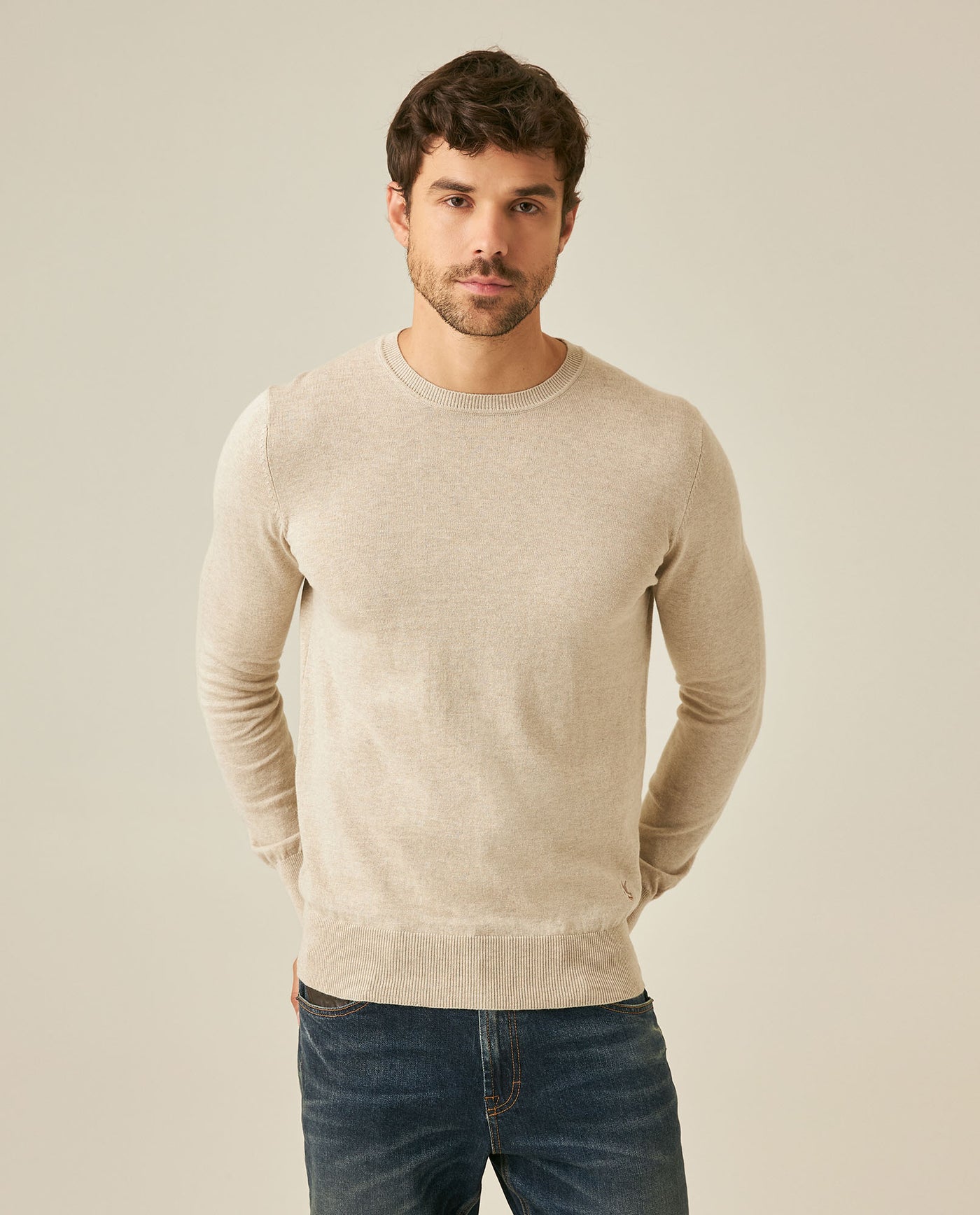 Mens Sweater Knit Regular Fit Crewneck Cotton Full Fashion Technique Heather Fiber Light Gauge Embroidered Duck - Raw 63_691H000_CRU110103_0