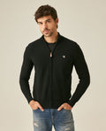 Mens Jacket Knit Piqué Regular Fit Mandarin Collar Cotton Heathered Transseasonal Cardigan Metal Zipper Leather Pull - Black 63_691H001_NEG194007_0