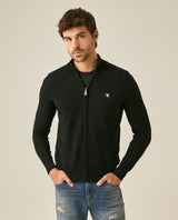 Mens Jacket Knit Piqué Regular Fit Mandarin Collar Cotton Heathered Transseasonal Cardigan Metal Zipper Leather Pull - Black 63_691H001_NEG194007_0