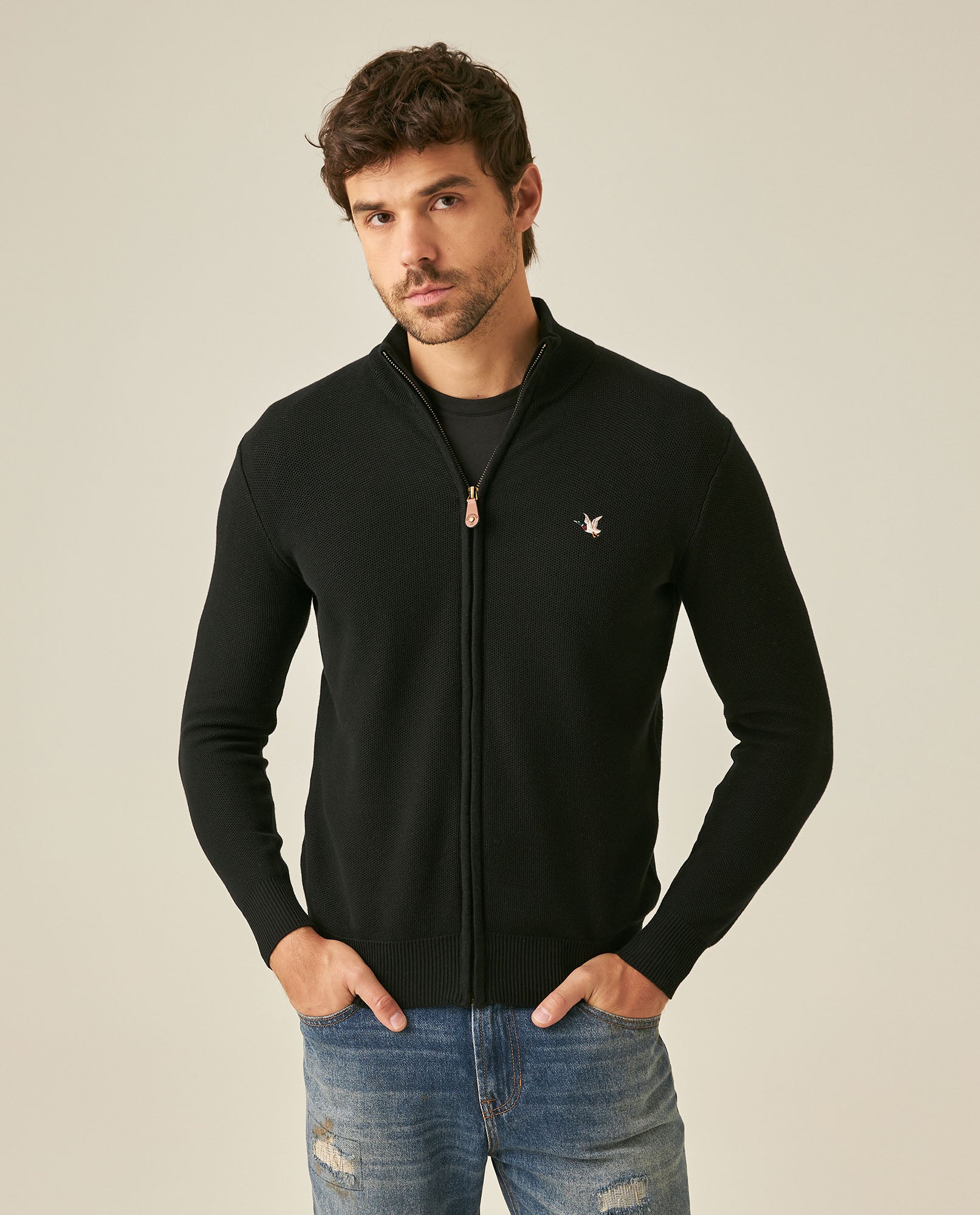 Mens Jacket Knit Piqué Regular Fit Mandarin Collar Cotton Heathered Transseasonal Cardigan Metal Zipper Leather Pull - Black 63_691H001_NEG194007_0