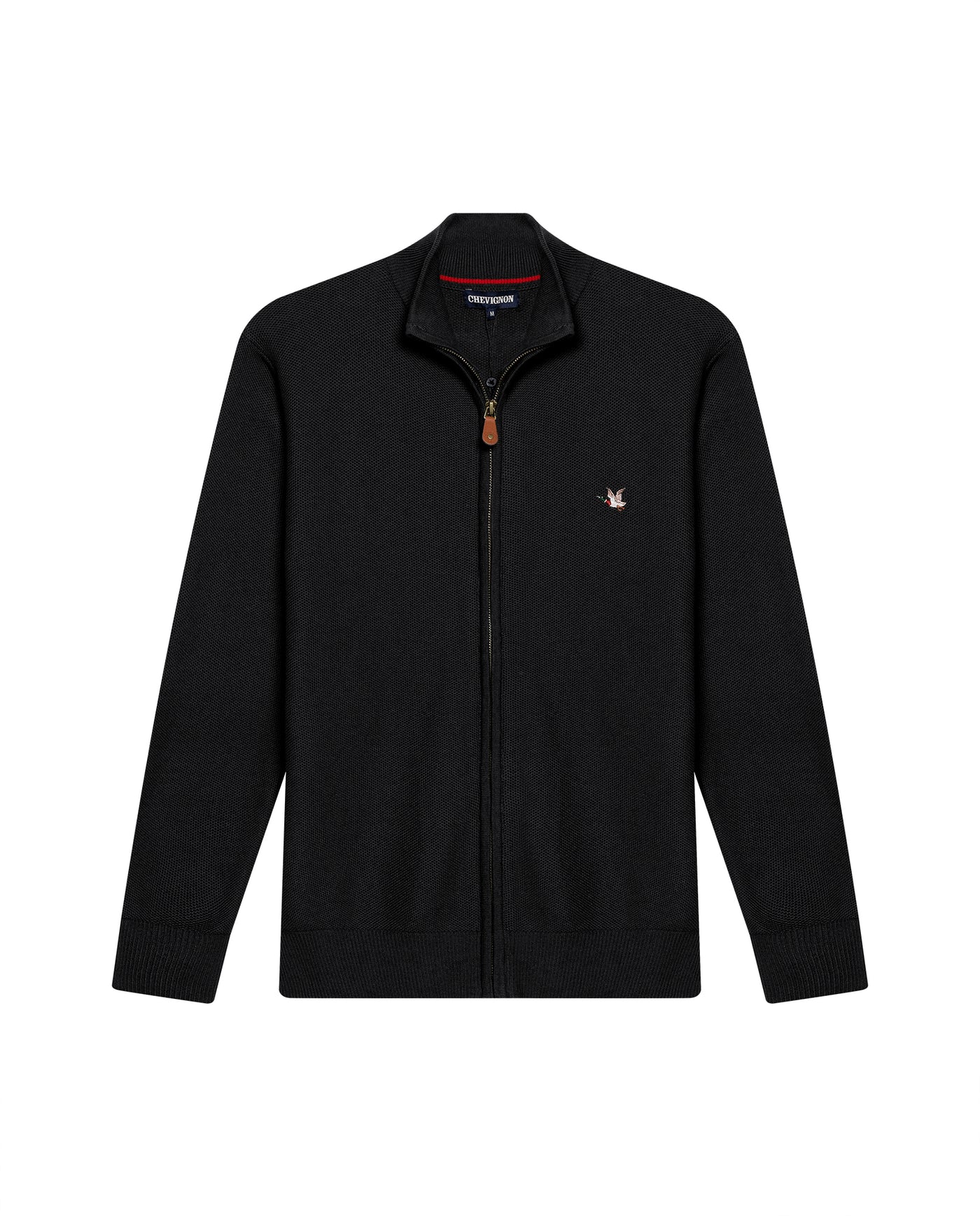 Mens Jacket Knit Piqué Regular Fit Mandarin Collar Cotton Heathered Transseasonal Cardigan Metal Zipper Leather Pull - Black 63_691H001_NEG194007_3