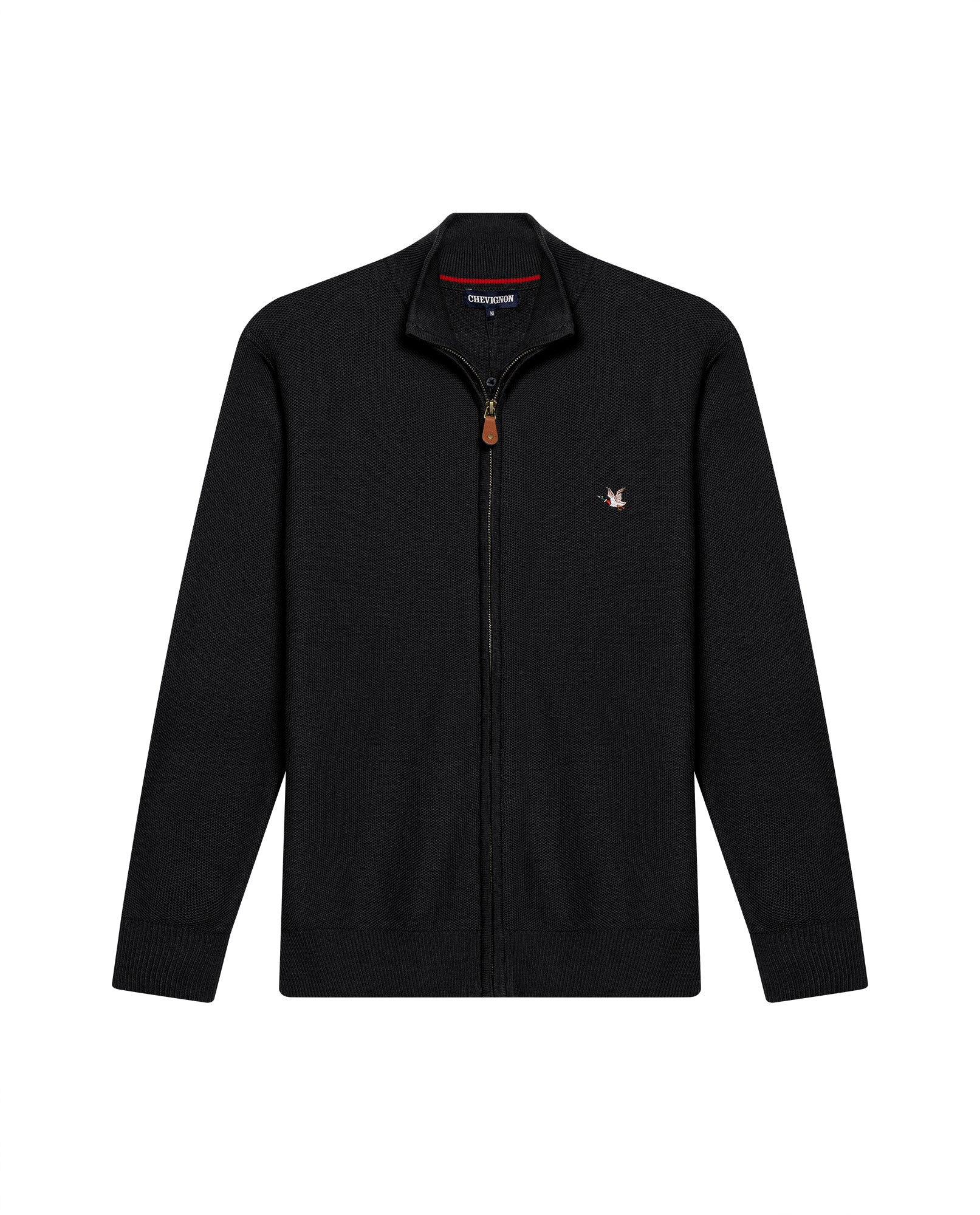 Mens Jacket Knit Piqué Regular Fit Mandarin Collar Cotton Heathered Transseasonal Cardigan Metal Zipper Leather Pull - Black 63_691H001_NEG194007_3