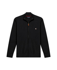 Mens Jacket Knit Piqué Regular Fit Mandarin Collar Cotton Heathered Transseasonal Cardigan Metal Zipper Leather Pull - Black 63_691H001_NEG194007_3