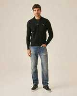 Mens Jacket Knit Piqué Regular Fit Mandarin Collar Cotton Heathered Transseasonal Cardigan Metal Zipper Leather Pull - Black 63_691H001_NEG194007_4