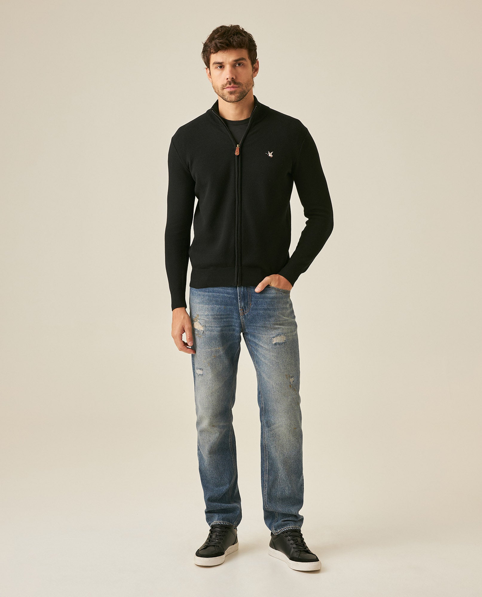 Mens Jacket Knit Piqué Regular Fit Mandarin Collar Cotton Heathered Transseasonal Cardigan Metal Zipper Leather Pull - Black 63_691H001_NEG194007_4
