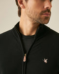 Mens Jacket Knit Piqué Regular Fit Mandarin Collar Cotton Heathered Transseasonal Cardigan Metal Zipper Leather Pull - Black 63_691H001_NEG194007_5