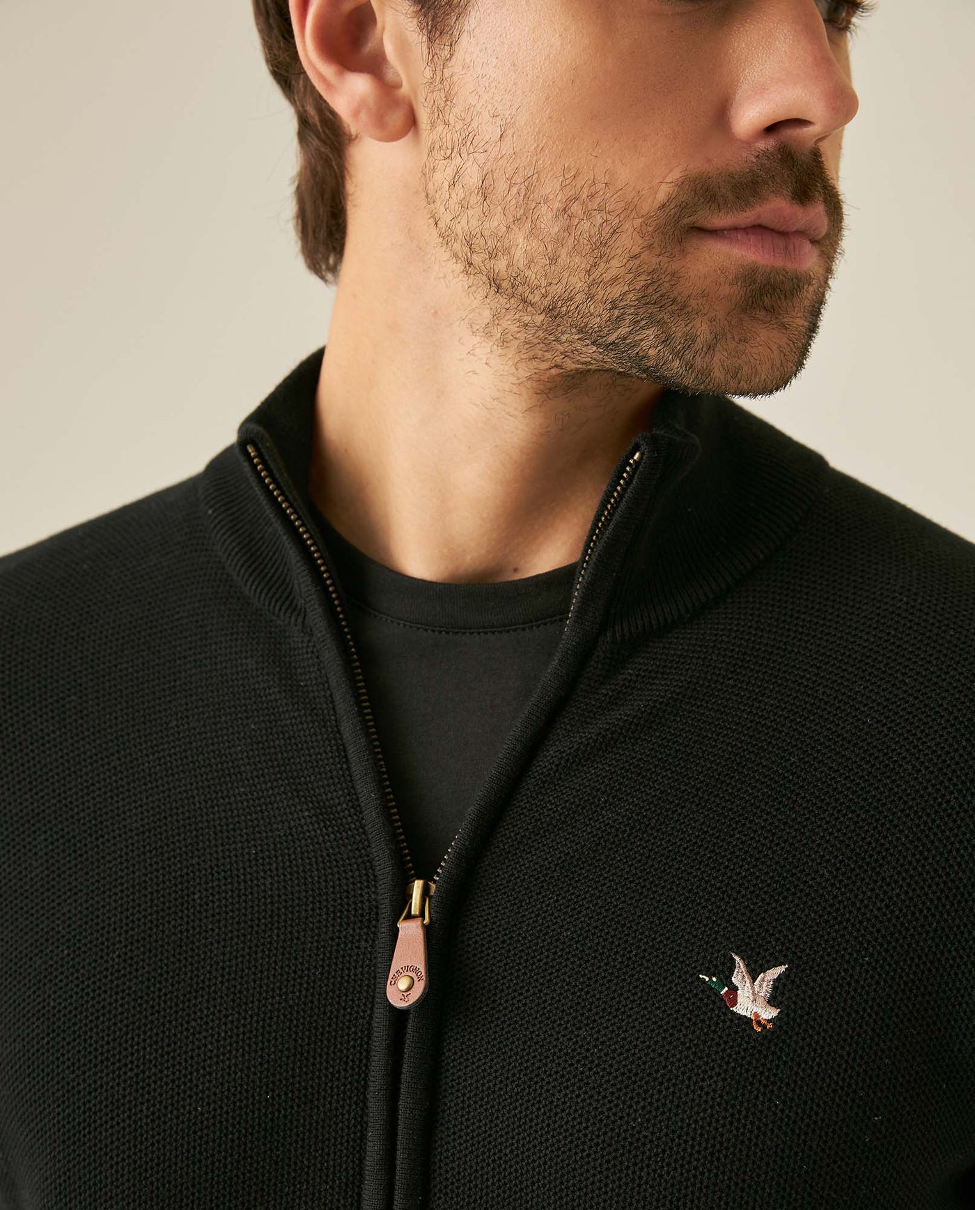 Mens Jacket Knit Piqué Regular Fit Mandarin Collar Cotton Heathered Transseasonal Cardigan Metal Zipper Leather Pull - Black 63_691H001_NEG194007_5