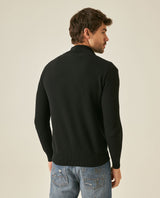 Mens Jacket Knit Piqué Regular Fit Mandarin Collar Cotton Heathered Transseasonal Cardigan Metal Zipper Leather Pull - Black 63_691H001_NEG194007_6