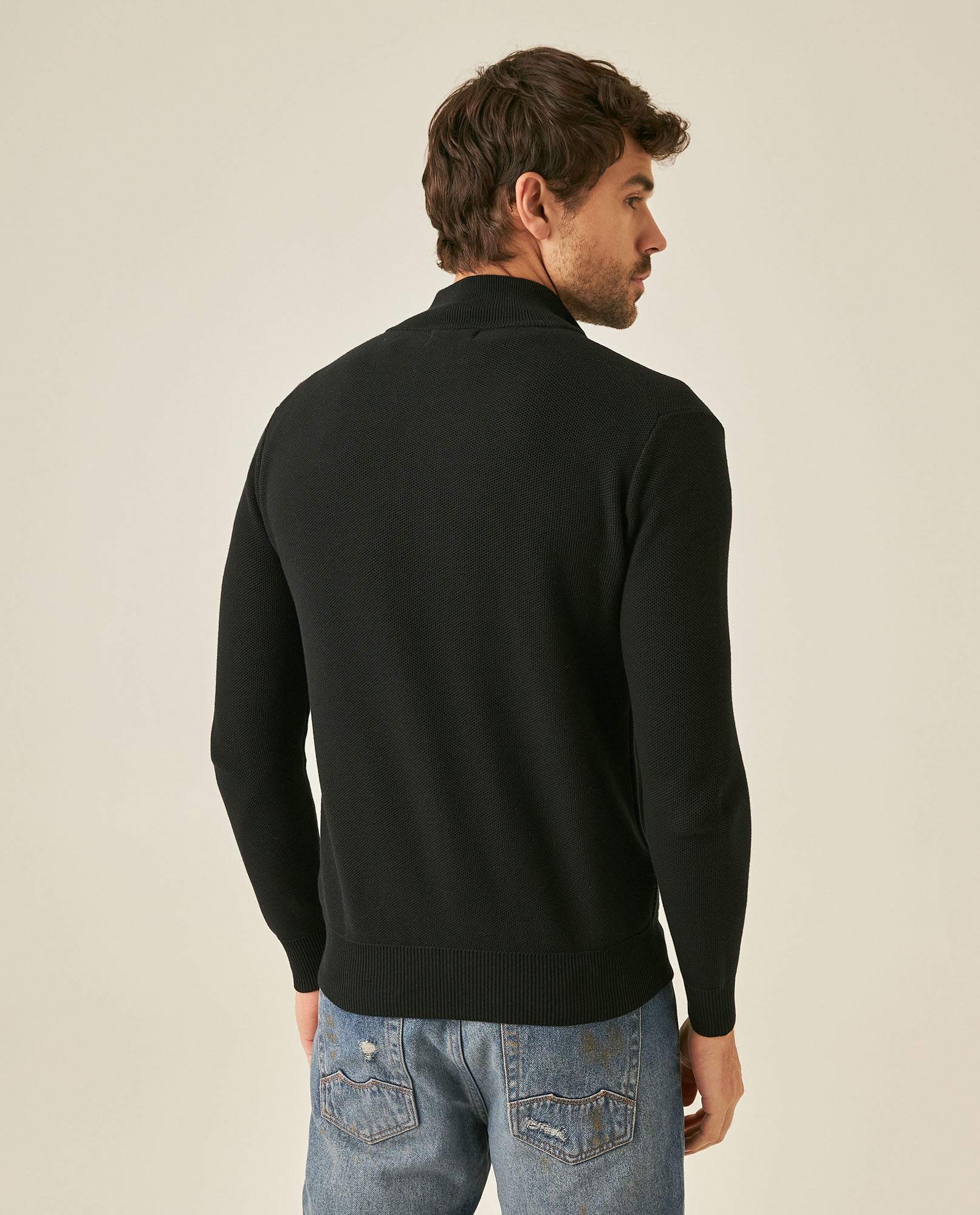 Mens Jacket Knit Piqué Regular Fit Mandarin Collar Cotton Heathered Transseasonal Cardigan Metal Zipper Leather Pull - Black 63_691H001_NEG194007_6