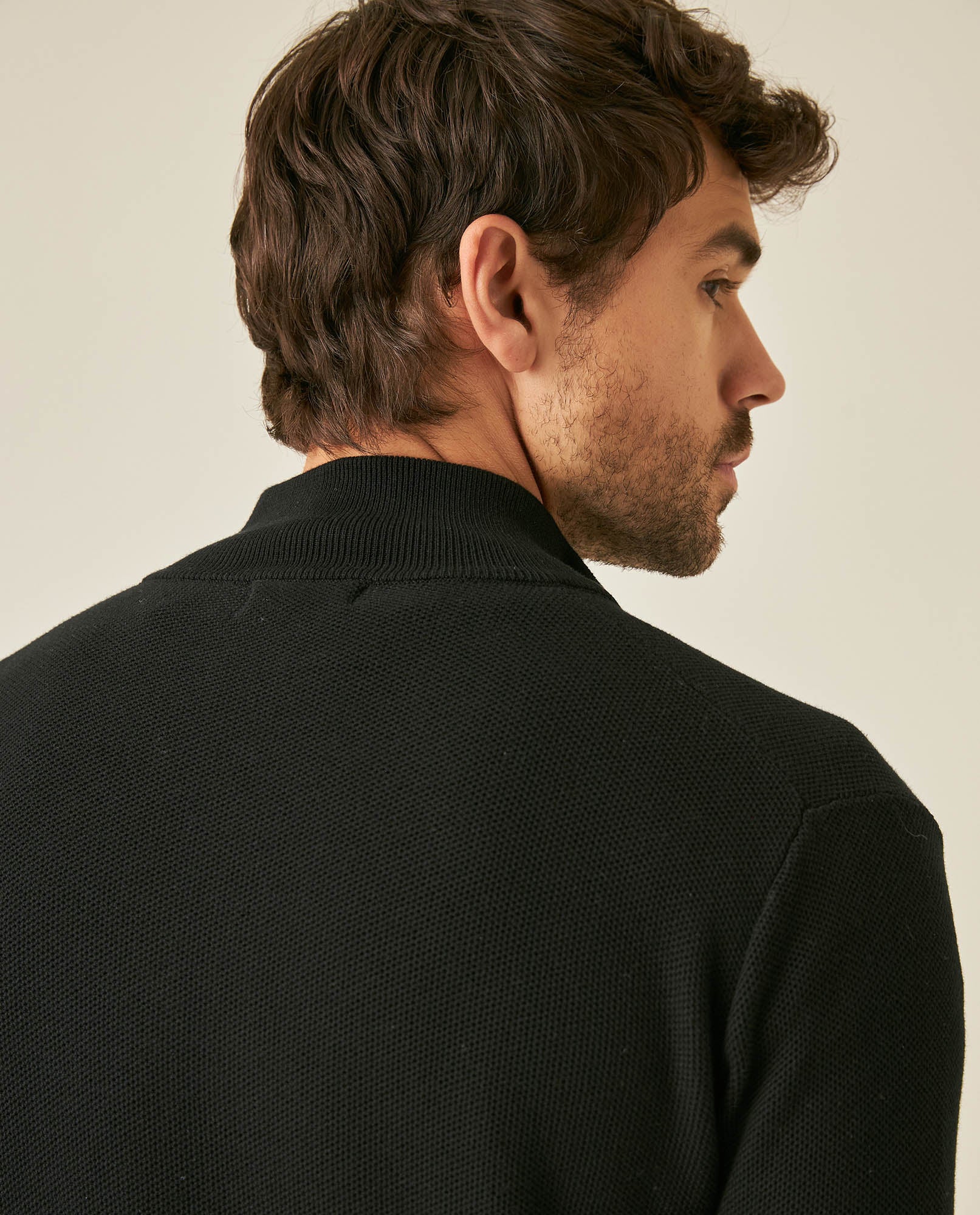 Mens Jacket Knit Piqué Regular Fit Mandarin Collar Cotton Heathered Transseasonal Cardigan Metal Zipper Leather Pull - Black 63_691H001_NEG194007_7