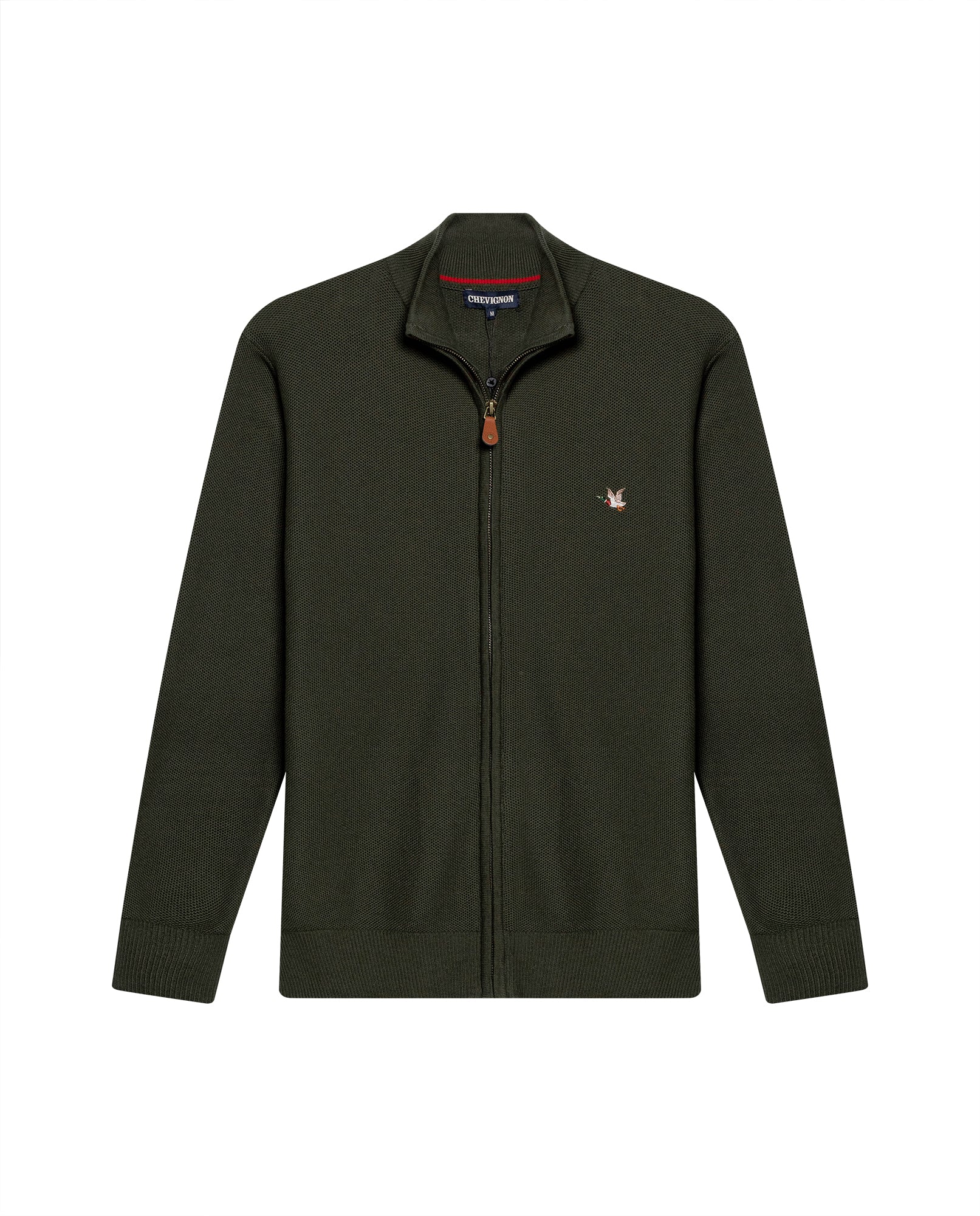 Mens Jacket Knit Piqué Regular Fit Mandarin Collar Cotton Heathered Transseasonal Cardigan Metal Zipper Leather Pull - Green 63_691H001_VER185322_3