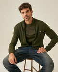 Mens Jacket Knit Piqué Regular Fit Mandarin Collar Cotton Heathered Transseasonal Cardigan Metal Zipper Leather Pull - Green 63_691H001_VER185322_4