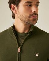 Mens Jacket Knit Piqué Regular Fit Mandarin Collar Cotton Heathered Transseasonal Cardigan Metal Zipper Leather Pull - Green 63_691H001_VER185322_5