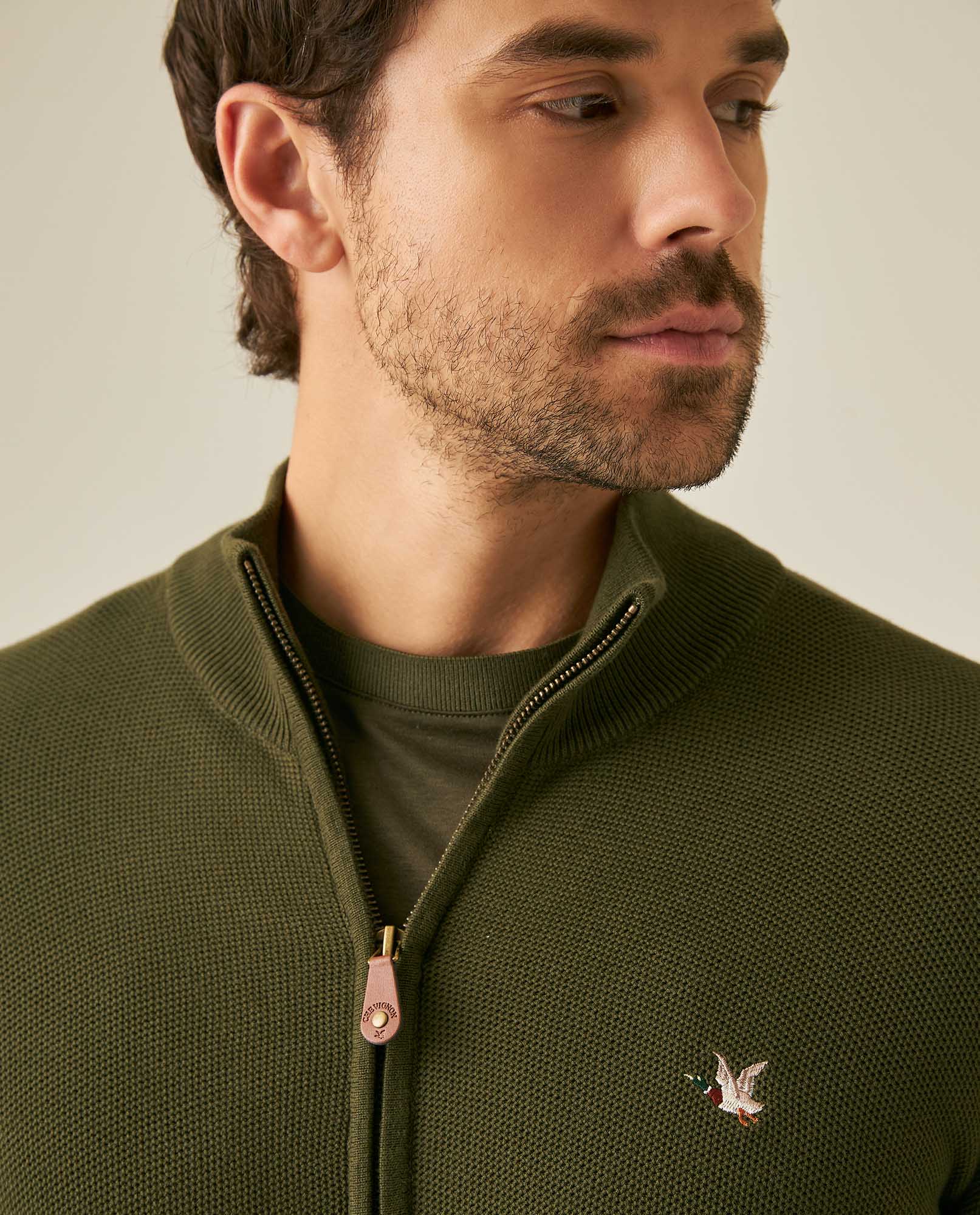 Mens Jacket Knit Piqué Regular Fit Mandarin Collar Cotton Heathered Transseasonal Cardigan Metal Zipper Leather Pull - Green 63_691H001_VER185322_5