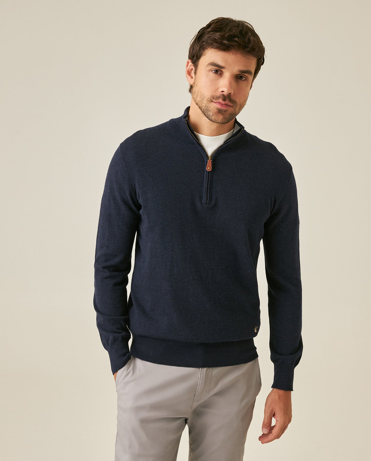 Mens Sweater Knit Mandarin Collar Half Zip Cotton Full Fashion Technique Heather Fiber Light Gauge Contrast Interior - Blue 63_691H002_AZU194030_0