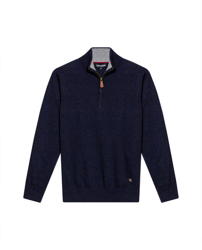 Mens Sweater Knit Mandarin Collar Half Zip Cotton Full Fashion Technique Heather Fiber Light Gauge Contrast Interior - Blue 63_691H002_AZU194030_3