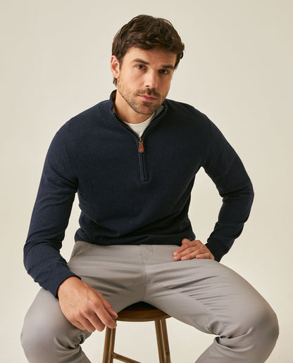 Mens Sweater Knit Mandarin Collar Half Zip Cotton Full Fashion Technique Heather Fiber Light Gauge Contrast Interior - Blue 63_691H002_AZU194030_4