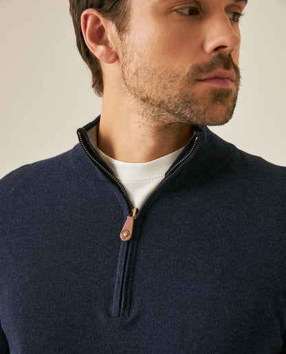 Mens Sweater Knit Mandarin Collar Half Zip Cotton Full Fashion Technique Heather Fiber Light Gauge Contrast Interior - Blue 63_691H002_AZU194030_5