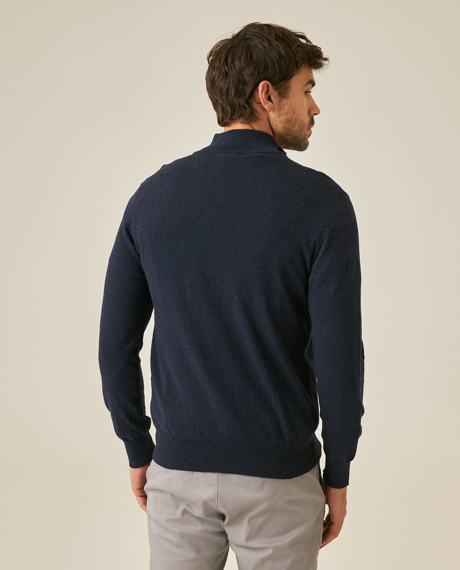 Mens Sweater Knit Mandarin Collar Half Zip Cotton Full Fashion Technique Heather Fiber Light Gauge Contrast Interior - Blue 63_691H002_AZU194030_6