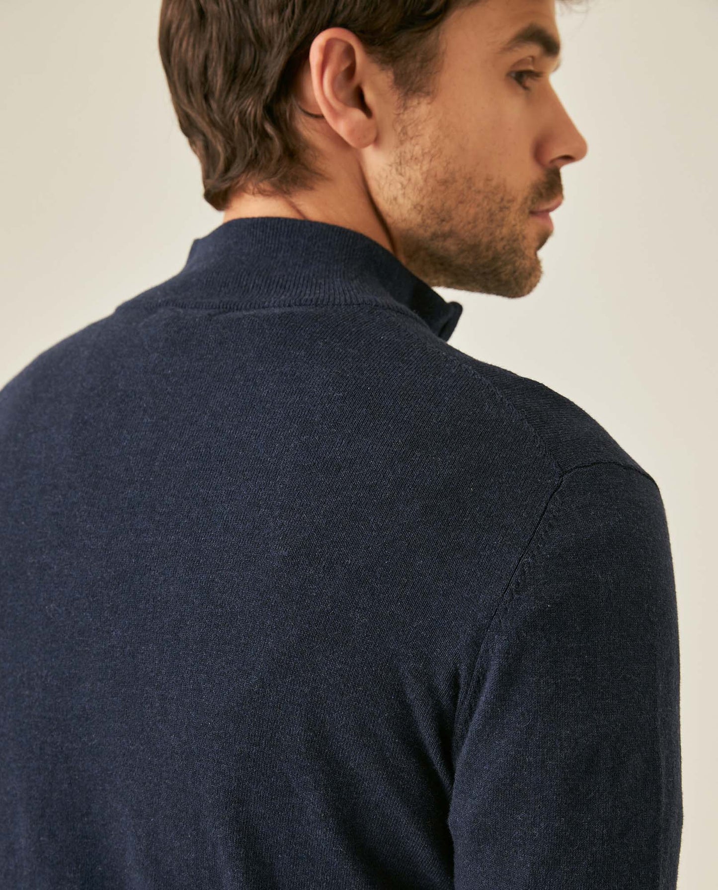 Mens Sweater Knit Mandarin Collar Half Zip Cotton Full Fashion Technique Heather Fiber Light Gauge Contrast Interior - Blue 63_691H002_AZU194030_7