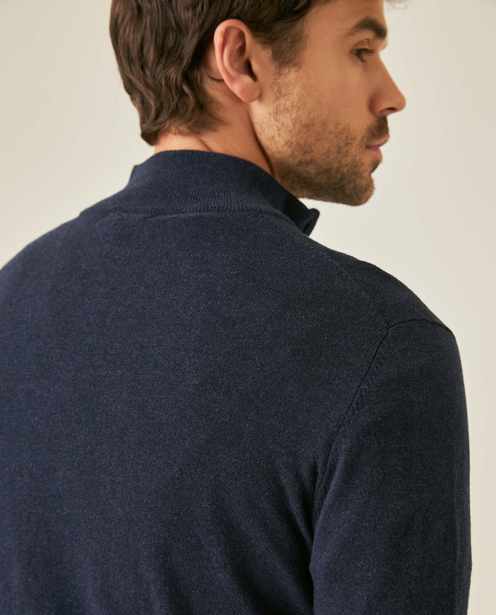 Mens Sweater Knit Mandarin Collar Half Zip Cotton Full Fashion Technique Heather Fiber Light Gauge Contrast Interior - Blue 63_691H002_AZU194030_7