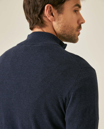 Mens Sweater Knit Mandarin Collar Half Zip Cotton Full Fashion Technique Heather Fiber Light Gauge Contrast Interior - Blue 63_691H002_AZU194030_7