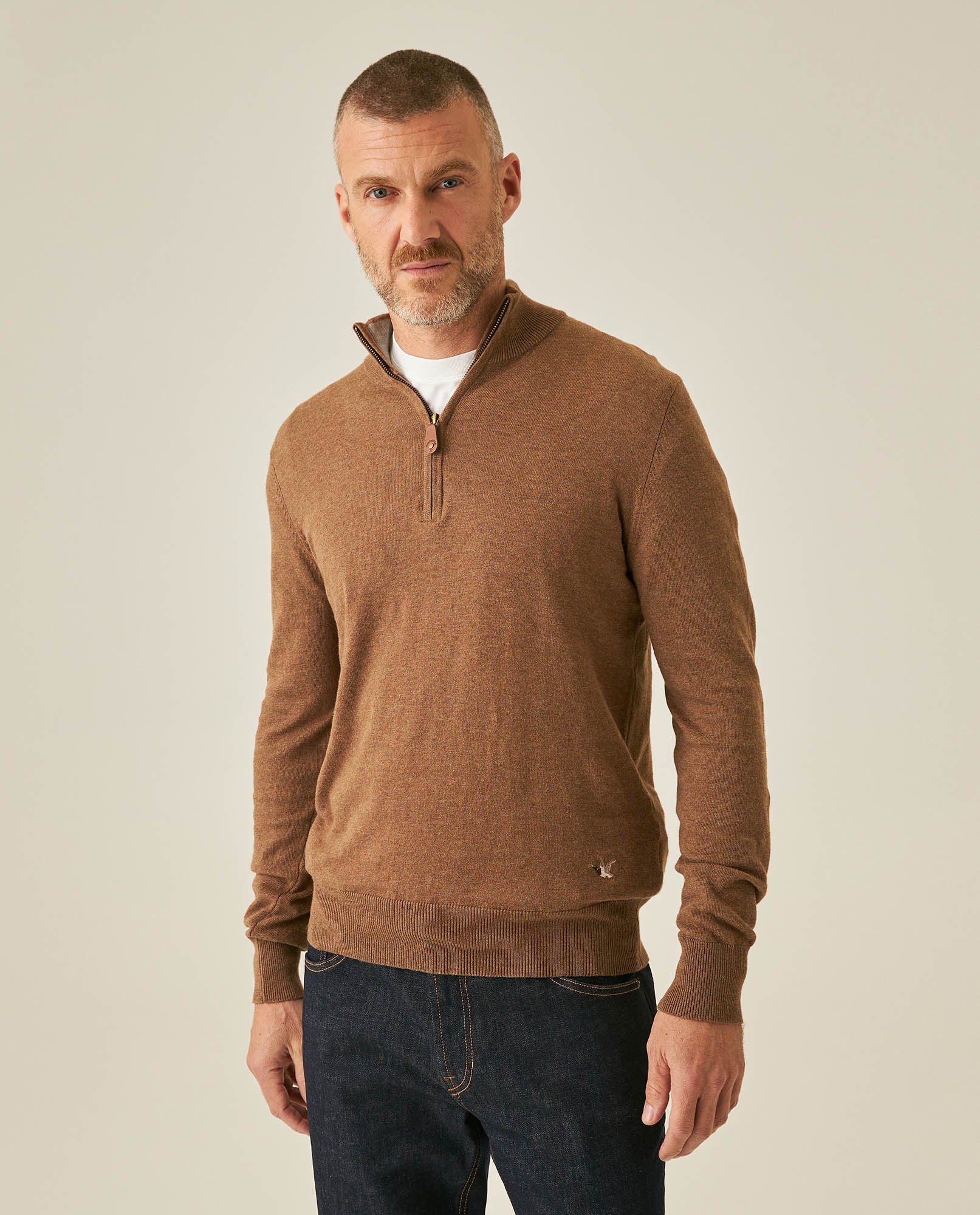 Mens Sweater Knit Mandarin Collar Half Zip Cotton Full Fashion Technique Heather Fiber Light Gauge Contrast Interior - Khaki 63_691H002_CAQ150309_0