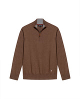 Mens Sweater Knit Mandarin Collar Half Zip Cotton Full Fashion Technique Heather Fiber Light Gauge Contrast Interior - Khaki 63_691H002_CAQ150309_3