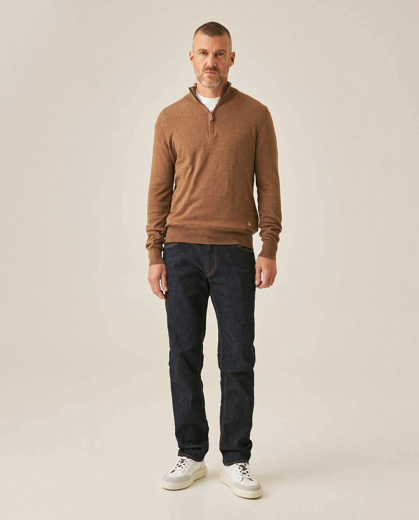 Mens Sweater Knit Mandarin Collar Half Zip Cotton Full Fashion Technique Heather Fiber Light Gauge Contrast Interior - Khaki 63_691H002_CAQ150309_4