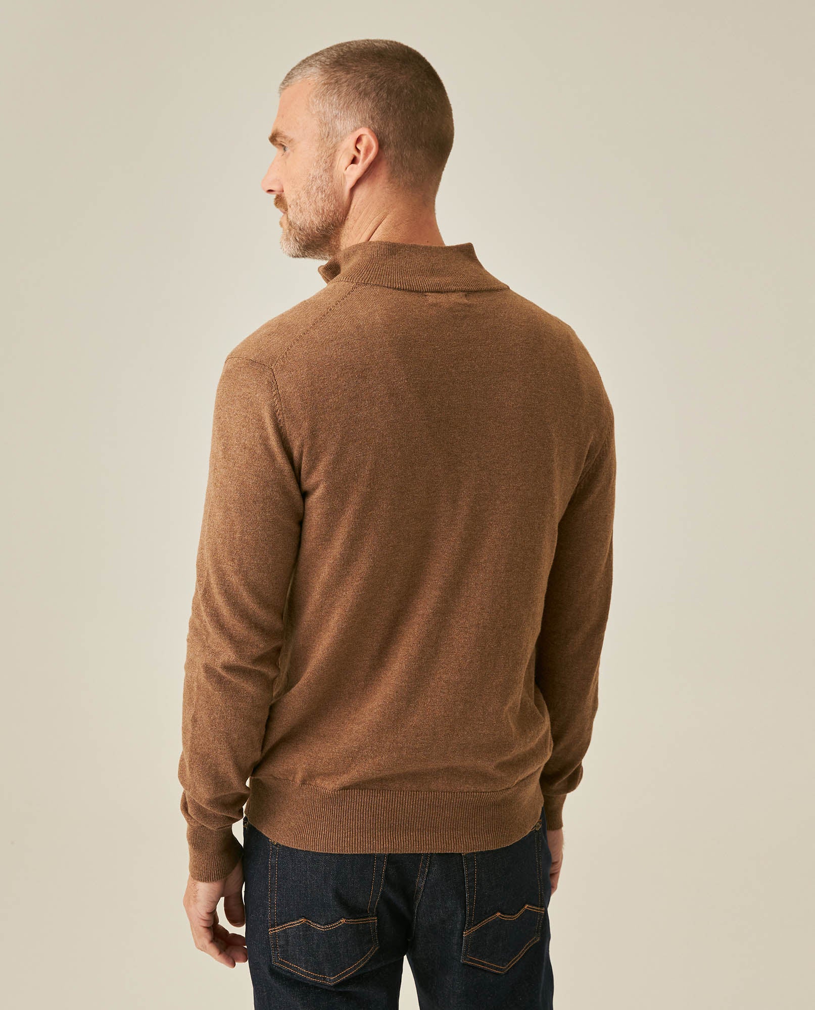 Mens Sweater Knit Mandarin Collar Half Zip Cotton Full Fashion Technique Heather Fiber Light Gauge Contrast Interior - Khaki 63_691H002_CAQ150309_6