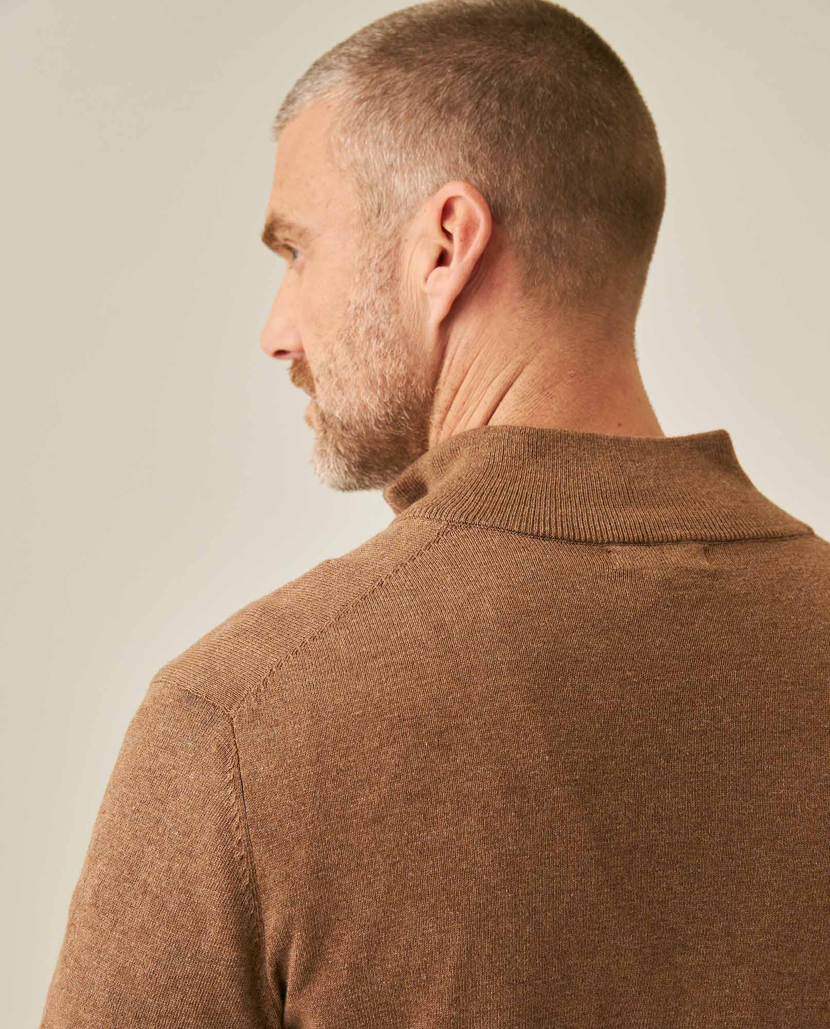 Mens Sweater Knit Mandarin Collar Half Zip Cotton Full Fashion Technique Heather Fiber Light Gauge Contrast Interior - Khaki 63_691H002_CAQ150309_7