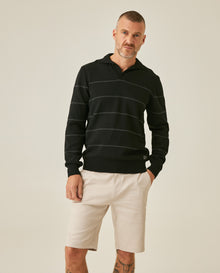 Mens Sweater Knit Polo Collar Cotton Acrylic Recycled Cotton Tone on Tone Horizontal Stripes Heathered Light Gauge - Black 63_691H003_NEG194007_0