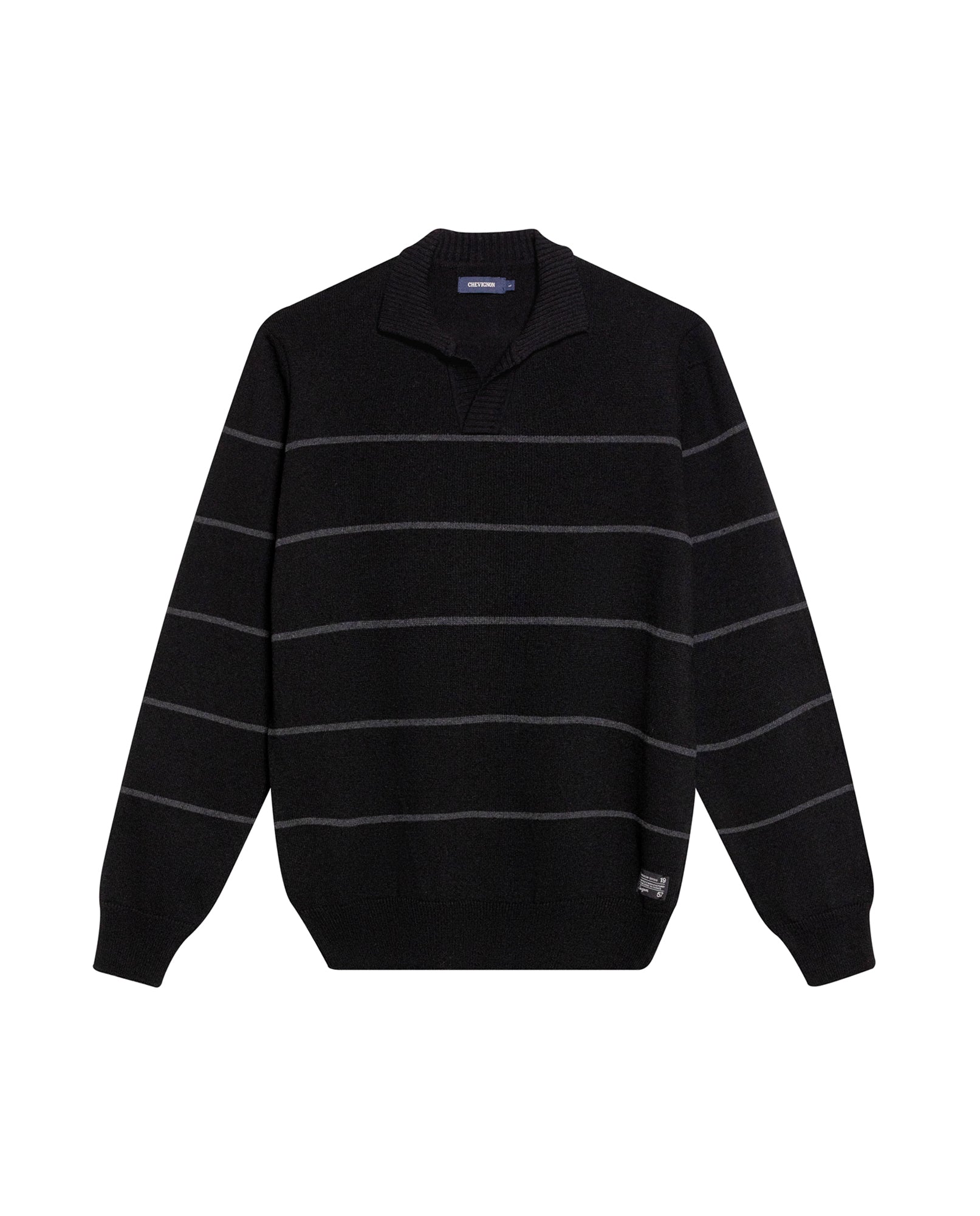 Mens Sweater Knit Polo Collar Cotton Acrylic Recycled Cotton Tone on Tone Horizontal Stripes Heathered Light Gauge - Black 63_691H003_NEG194007_3