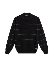 Mens Sweater Knit Polo Collar Cotton Acrylic Recycled Cotton Tone on Tone Horizontal Stripes Heathered Light Gauge - Black 63_691H003_NEG194007_3