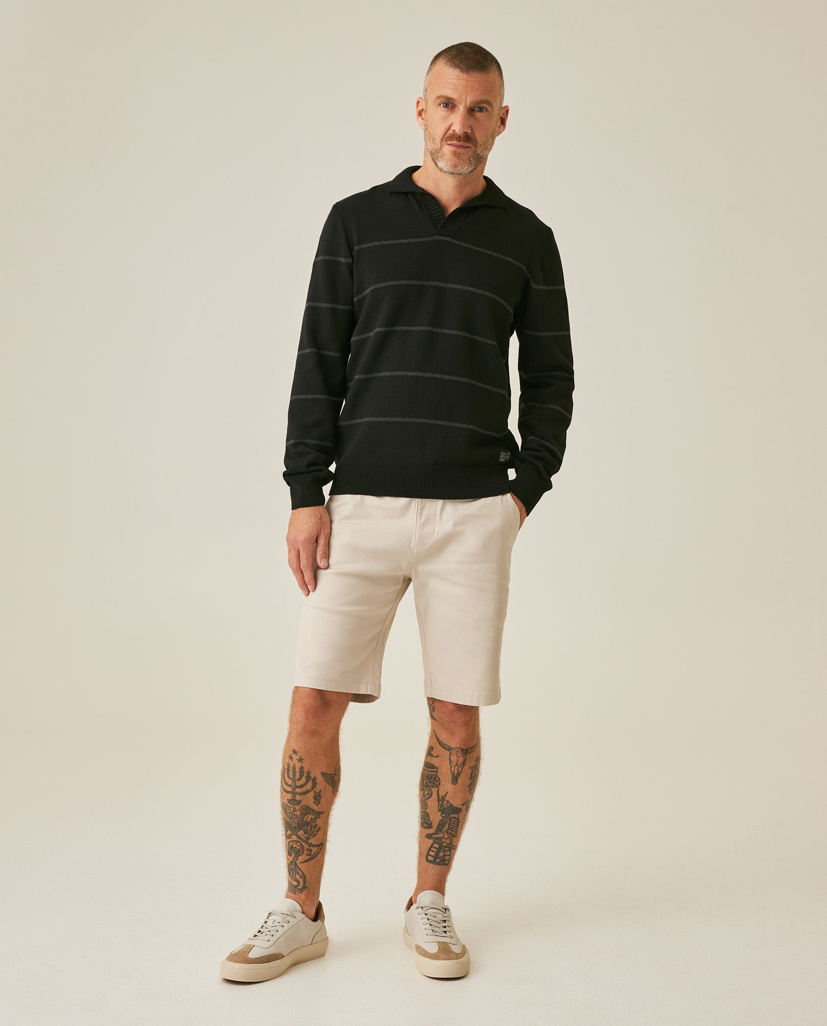 Mens Sweater Knit Polo Collar Cotton Acrylic Recycled Cotton Tone on Tone Horizontal Stripes Heathered Light Gauge - Black 63_691H003_NEG194007_4