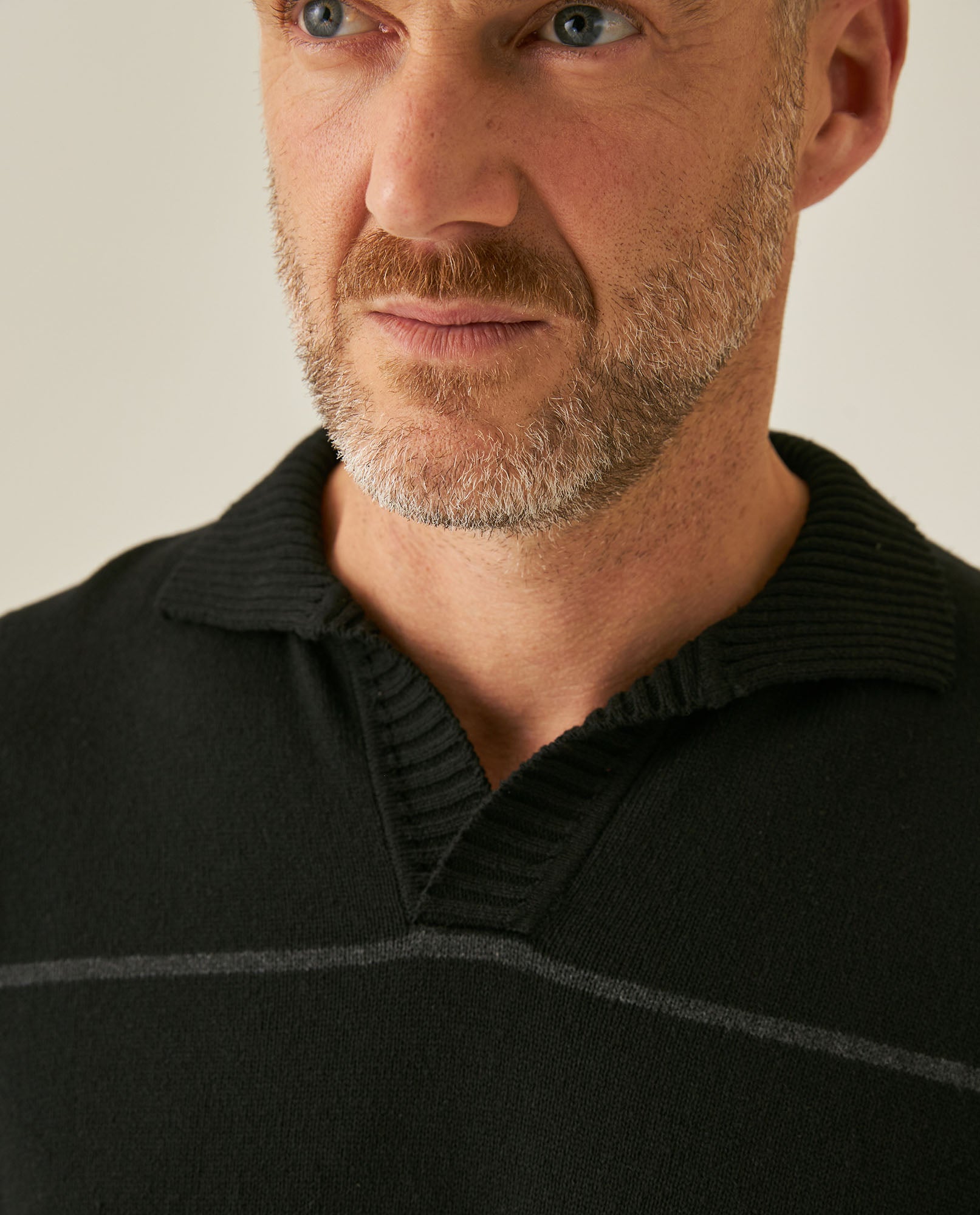 Mens Sweater Knit Polo Collar Cotton Acrylic Recycled Cotton Tone on Tone Horizontal Stripes Heathered Light Gauge - Black 63_691H003_NEG194007_5