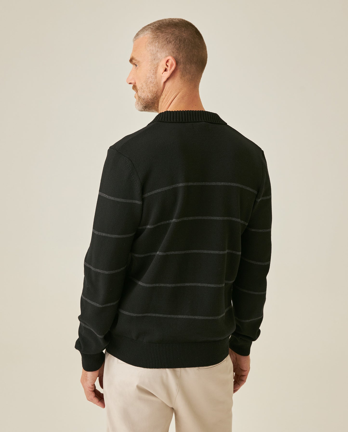 Mens Sweater Knit Polo Collar Cotton Acrylic Recycled Cotton Tone on Tone Horizontal Stripes Heathered Light Gauge - Black 63_691H003_NEG194007_6