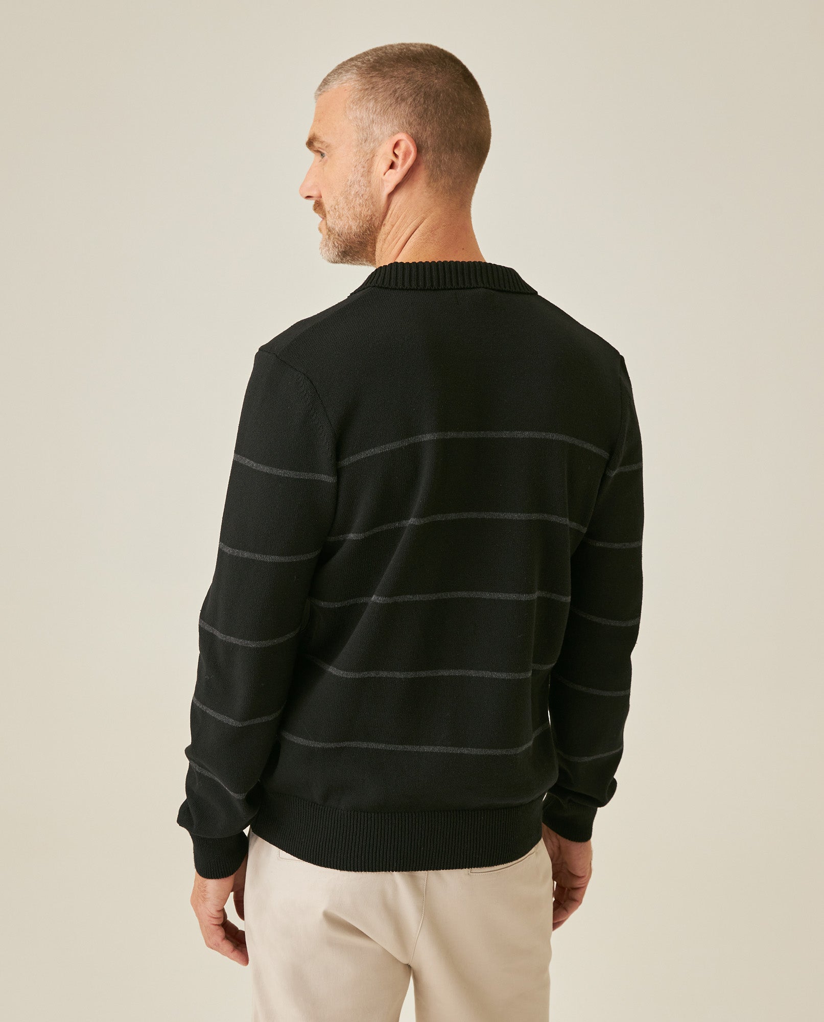 Mens Sweater Knit Polo Collar Cotton Acrylic Recycled Cotton Tone on Tone Horizontal Stripes Heathered Light Gauge - Black 63_691H003_NEG194007_6