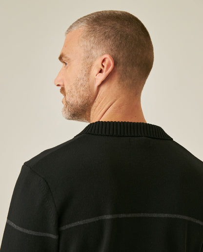 Mens Sweater Knit Polo Collar Cotton Acrylic Recycled Cotton Tone on Tone Horizontal Stripes Heathered Light Gauge - Black 63_691H003_NEG194007_7